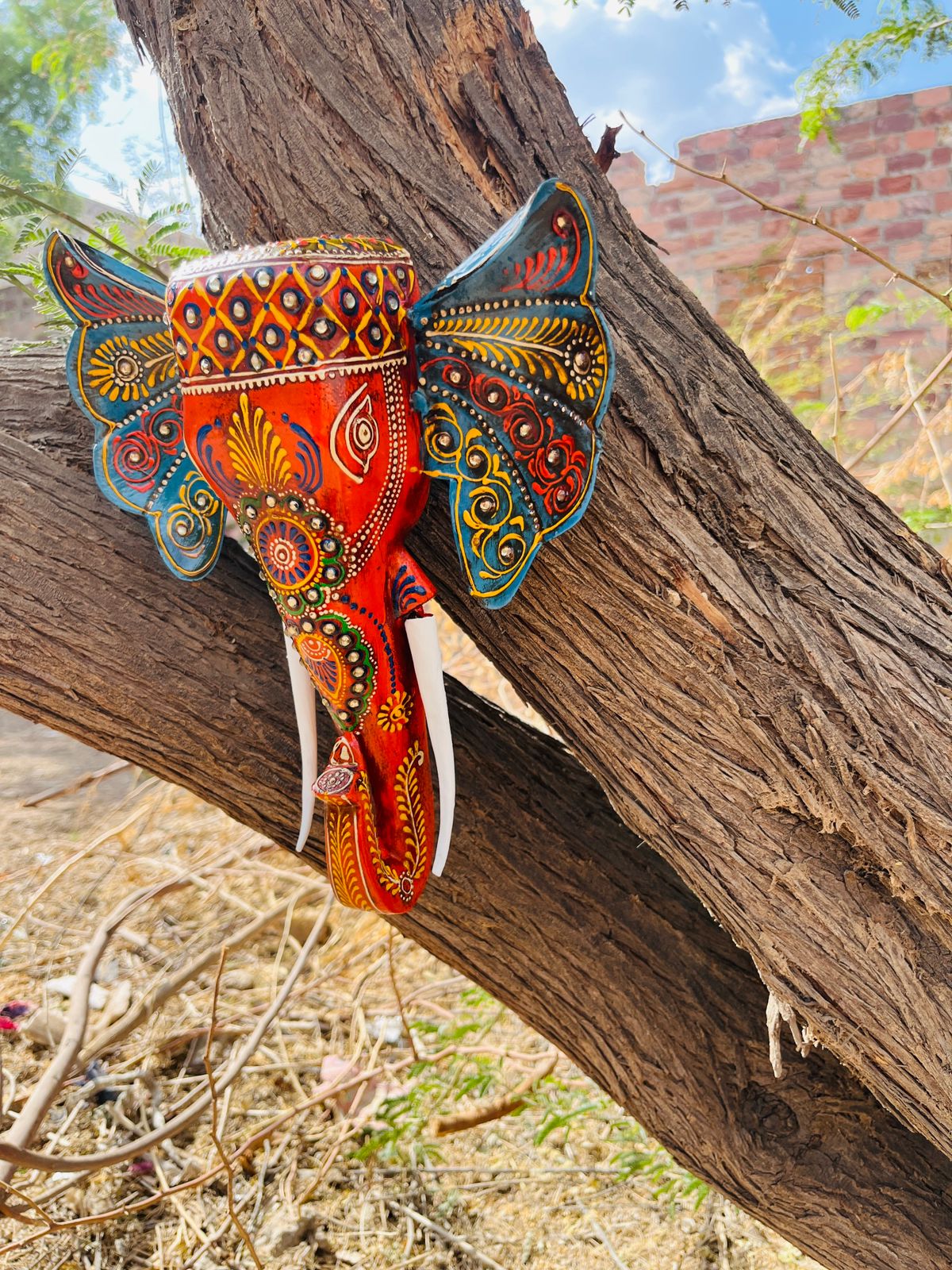 Wall Hanging Elephants Orange - Blue