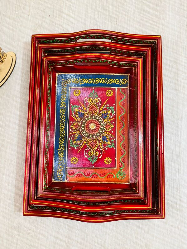 Wooden Tray Antique Red(Set of 3)