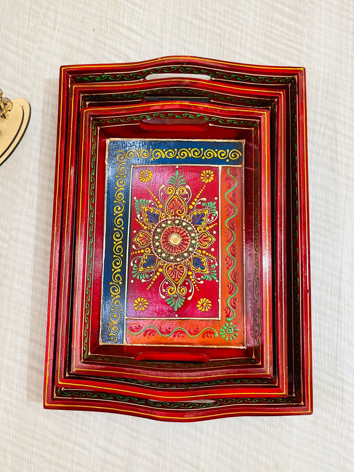 Wooden Tray Antique Red(Set of 3)